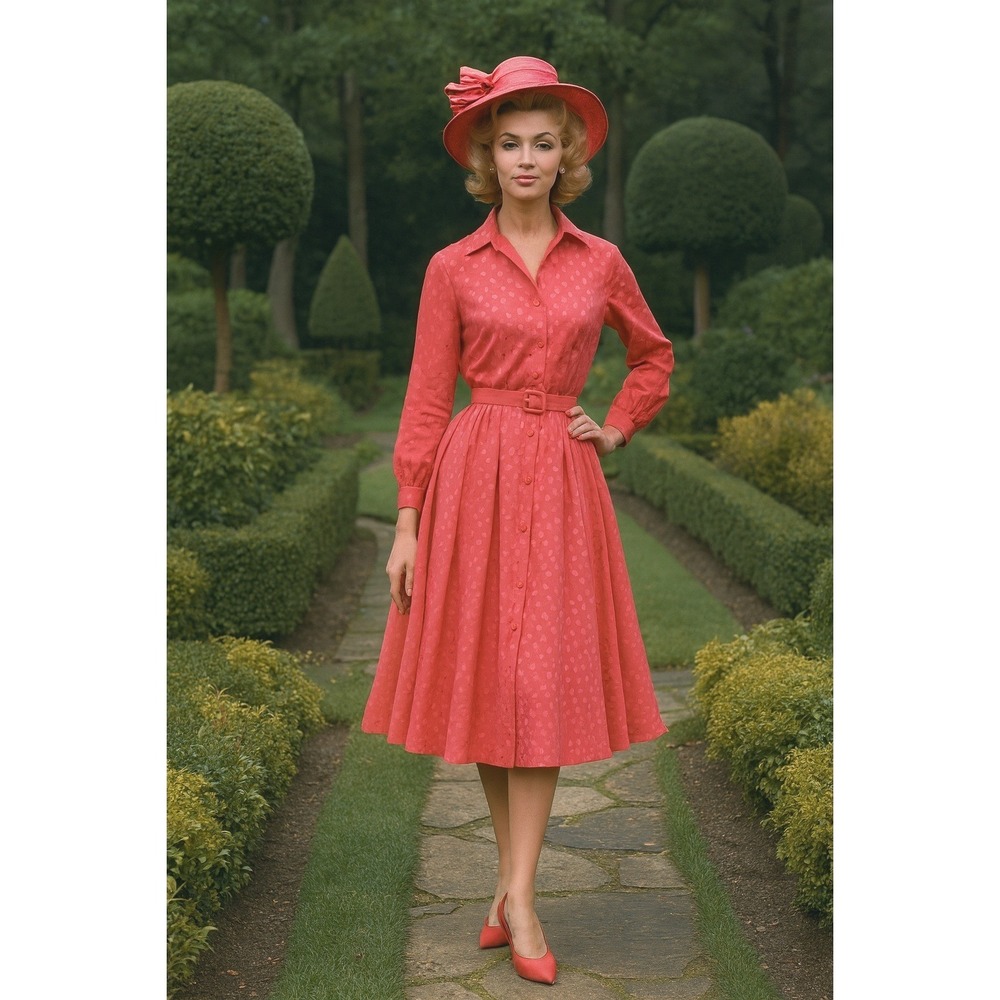 Vintage‎ 60s Ciao Ltd Silk Dress Belted Midi Fit Flare Pink Polka Dot Full Skirt